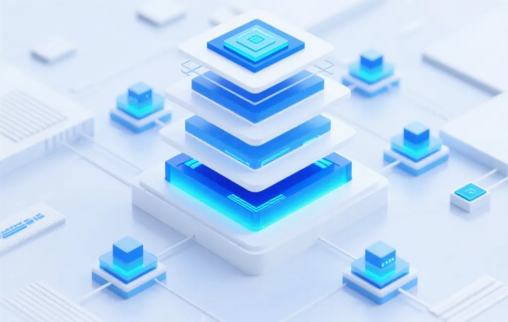 多层系统架构概念图,蓝白色调